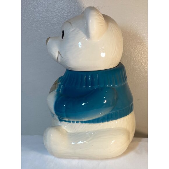 Welcome Cookie Jar Ceramic White Teddy Bear Blue Sweater Cookie Taiwan VTG - Picture 6 of 13